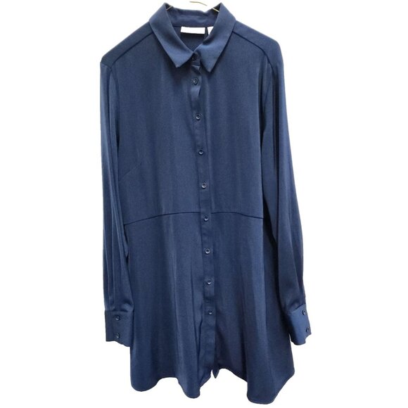 Susan Graver Womens Tunic Top Medium Navy Long Sleeve Button Up Minimalist - Picture 1 of 8
